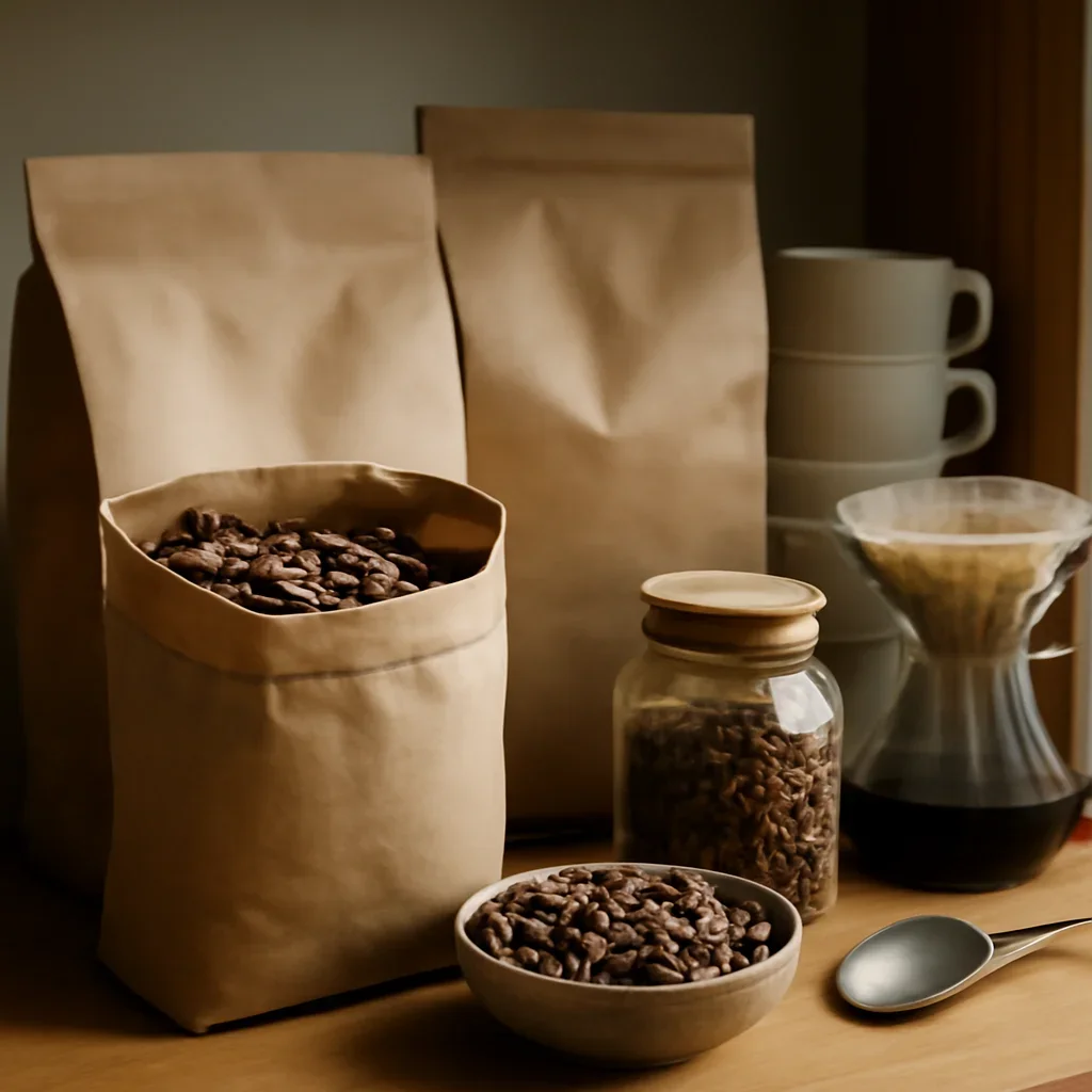 Detailed view of bulk coffee in use with related coffee gear