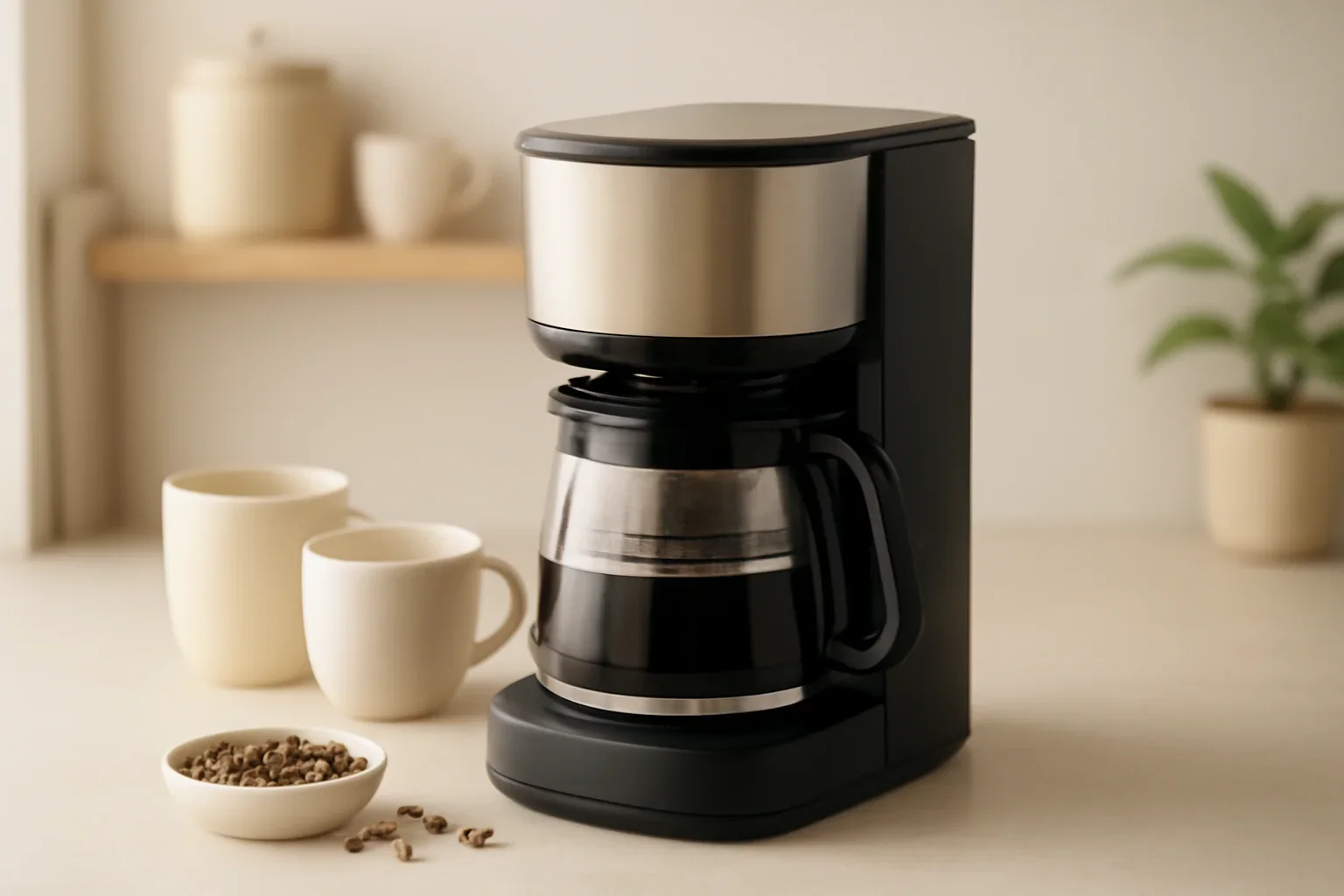 Coffee Makers hero image showing coffee makers with carafe, filters, beans, and breakfast setting in a bright kitchen
