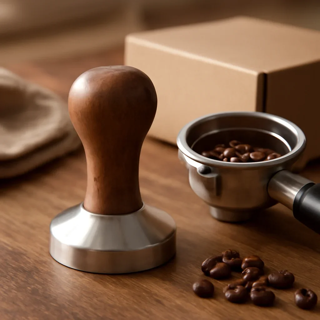 Detailed view of espresso tampers in use with related coffee gear