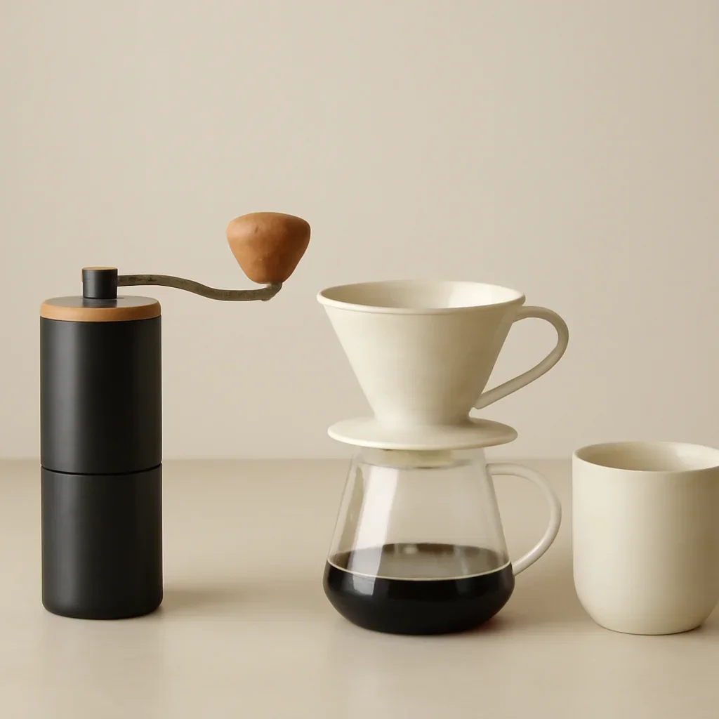 Home brewing station with grinder, kettle, dripper, and cup for Kaffe