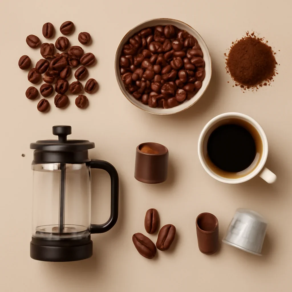 Coffee categories including beans, brewers, pods, and accessories for the Kaffe homepage