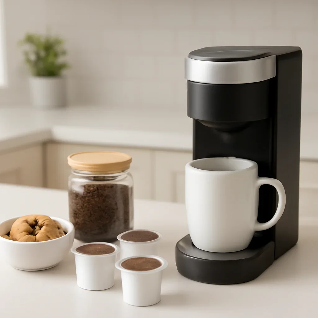 Complementary coffee setup related to k-cup compatible pods