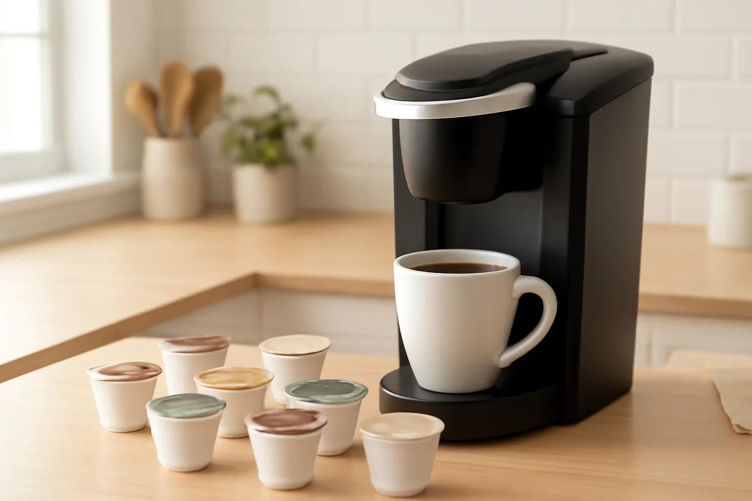 K-Cup Compatible Pods hero image showing k-cup compatible pods with assorted pods, brewer, and organized countertop storage in neutral light