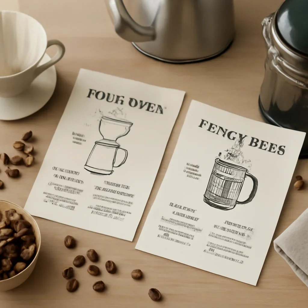 Detailed view of brew guides in use with related coffee gear