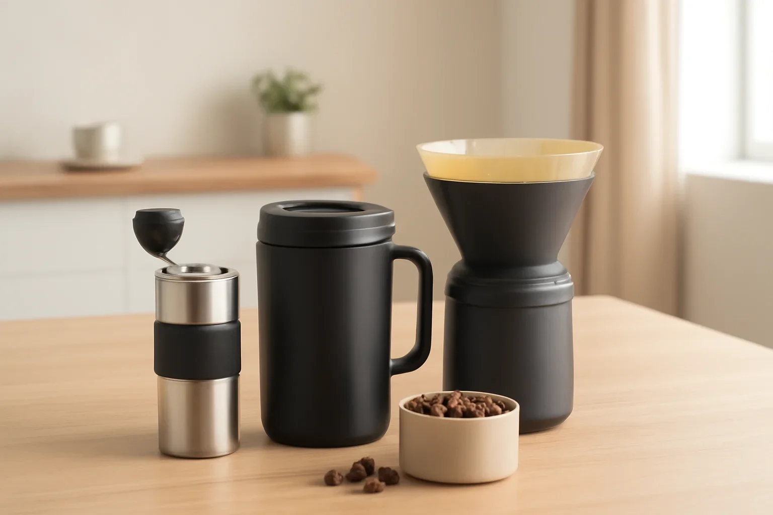 Travel Coffee Gear hero image showing travel coffee gear with travel mug, compact brewing tools, and carry-ready accessories in a light lifestyle scene